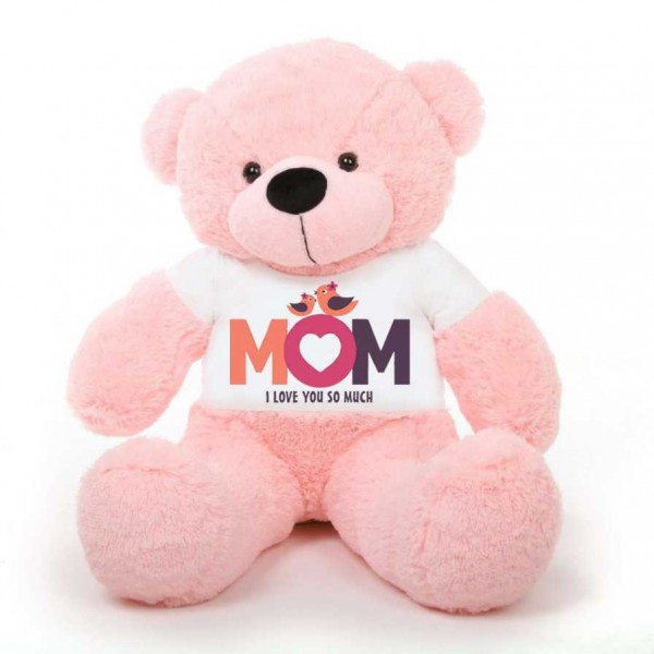 Pink 5 feet Big Teddy Bear wearing a Mom I Love You So Much T-shirt